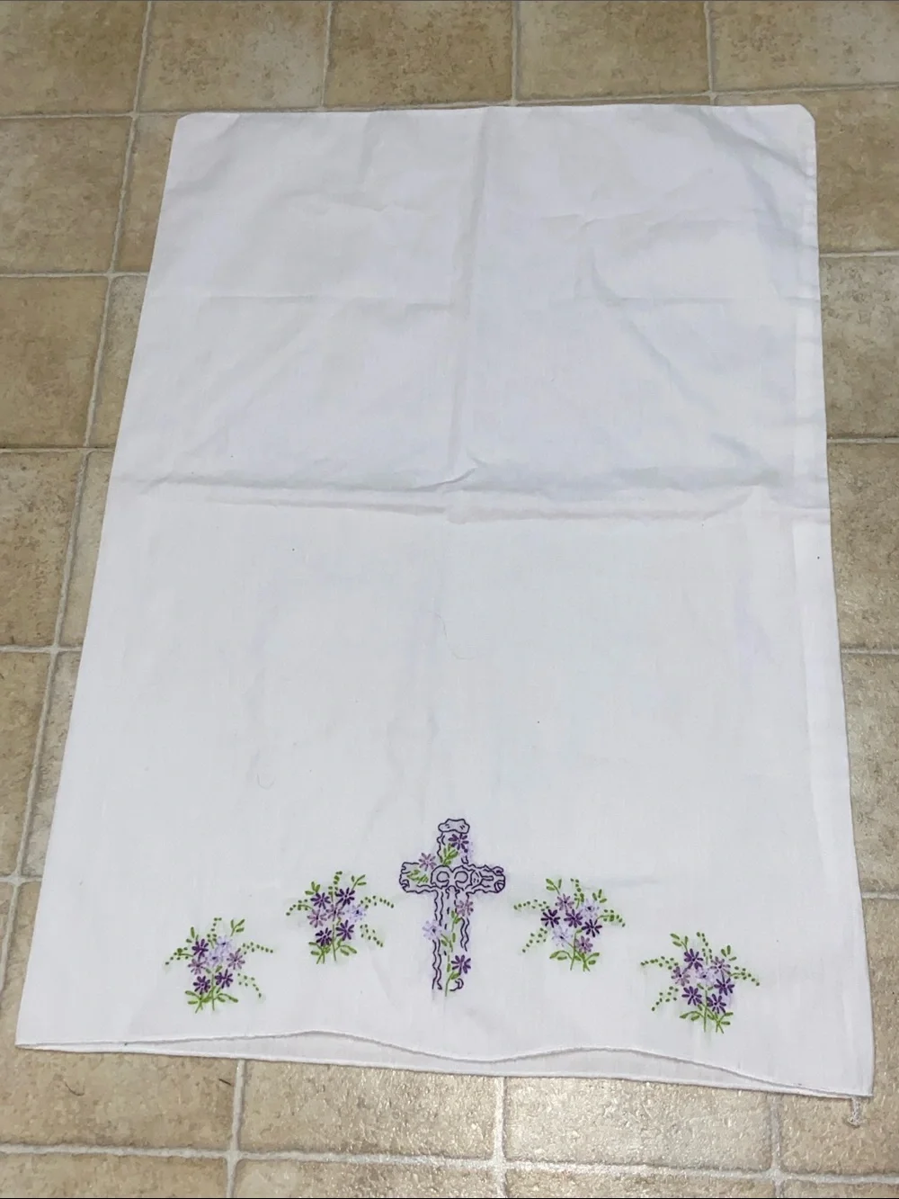 Vintage White Pillowcase Cover with Purple Floral Cross Embroidery